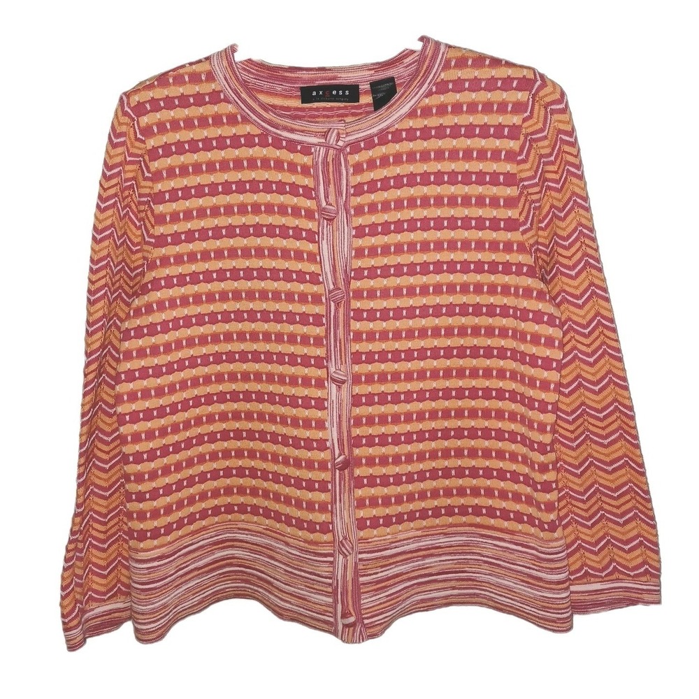 Axcess Liz Claiborne Womens L Orange Pink Striped Button Up Boho Indie Cardigan